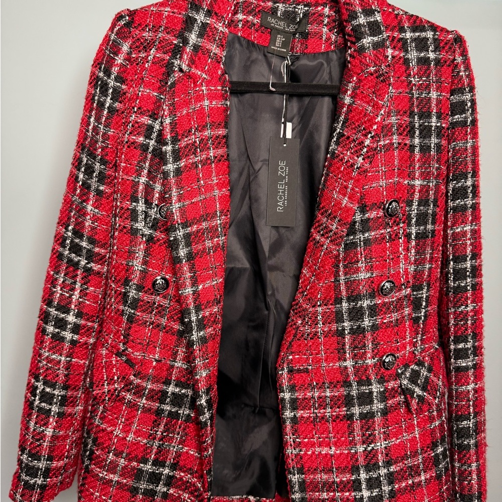 Rachel Zoe Red and Black Plaid Blazer with Notched Lapels - Picture 4 of 7